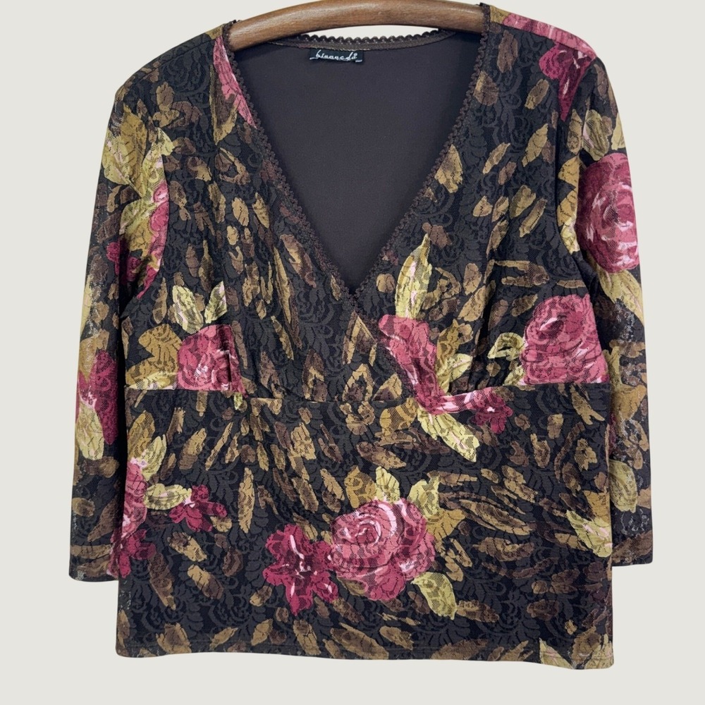 B.I.Y.A.Y.C.D.A Y2K Boho Floral Lace V-Neck Top Womens Size XL Brown Pink Blouse - Picture 1 of 9